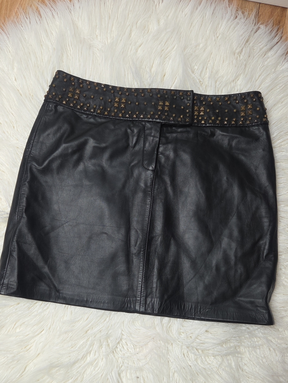 NWT Cache Black Leather Mini Skirt with Studded Waistband Sz 12